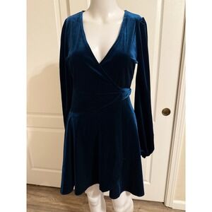 Lulus Teal Blue Velvet Wrap Mini Dress Long Sleeve V-Neck XS New